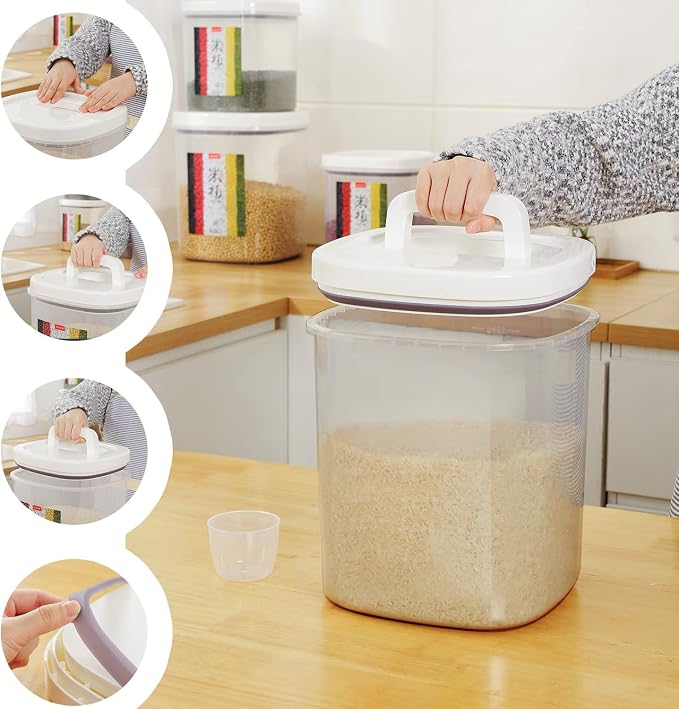 10L Rice Storage Container with Measuring Cup & Brush | 22-25lbs /10.5 Qt Capacity, Rice & Cereal & Pet & Laundry Pod Bin, Kitchen Bathroom Pet Food Pantry