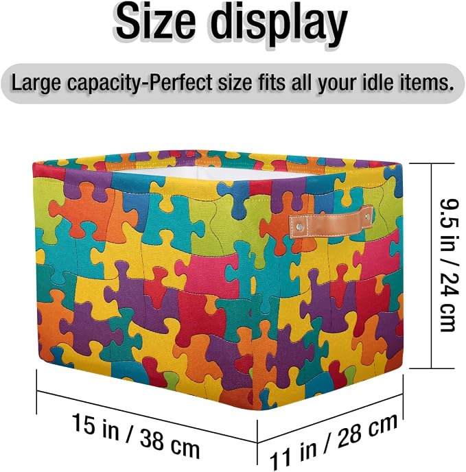 Rectangle Storage Baskets for Shelves, Colorful Puzzles Pattern Storage Cube Organizer Bins Collapsible Toy Basket for Nursery Home Room