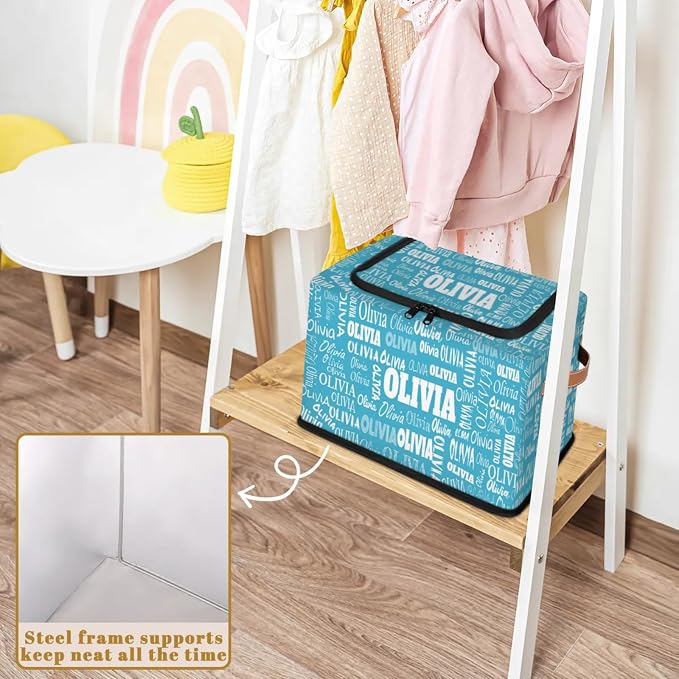Personalized Foldable Storage Basket with Name, Zipper Lid Laundry Hamper Dirty Clothes Pet Toys Storage Bin with Handles for Shelf Home Closet Kitchen, Sky Blue Solid Color