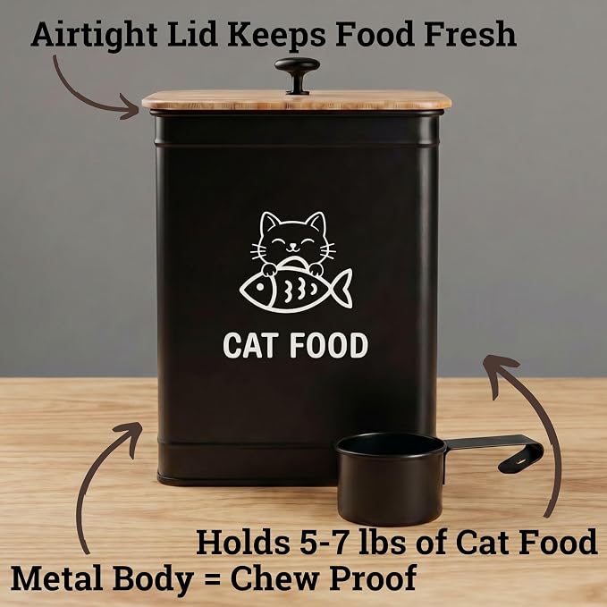 Metal Cat Food Container with Scoop 5-7 lb (25 Cup), w/ Airtight Bamboo Lid | Cat Kibble Canister with Metal Scoop, 25 Cups, Chew Proof Iron Body, Powder Coated, Airtight Bamboo Lid, Sturdy Metal Handle