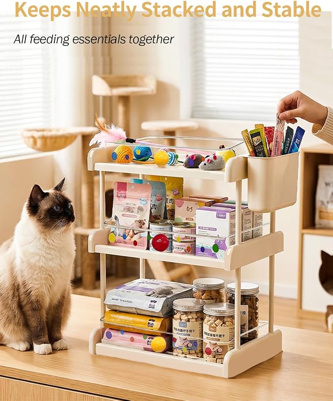 Cat Food Can Organizer w/Lickable Cat Treats Storage 3-Tier -White | Pet Food Storage Rack, With Clear Acrylic Trays, Colorful Stickers, for Pantries, Cabinets, Or Shelves, for 3oz–12.5oz