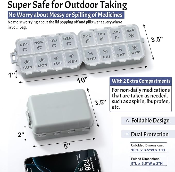Foldable & Portable Pill Organizer 2 Times A Day with Extra Compartments - Etched Labels - Weekly 7 Day AM PM Medicine Box, Week Daily Travel Pill Case Holder Dispenser for Vitamin, Supplement - Grey