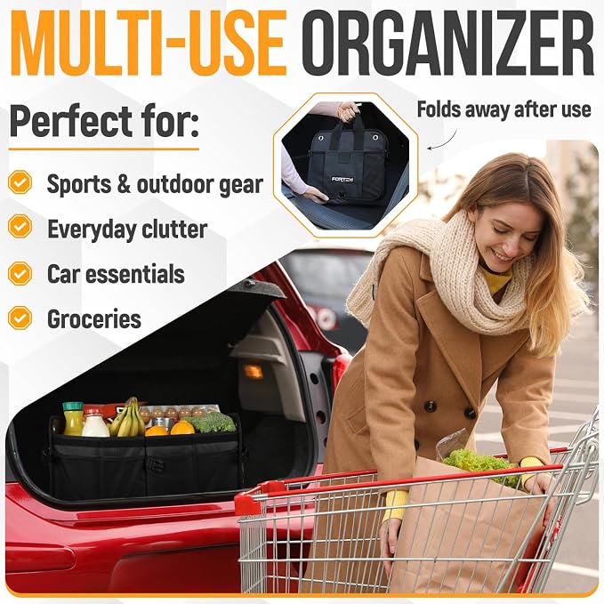 FORTEM Trunk Organizer - Collapsible Car Organizer & Storage Bag for SUVs | Car Accessories for Men & Women, Cooler Bag, Non Slip Bottom, Straps, Soft Cover, 1680D Oxford, 3 Compartments, Black, 50L