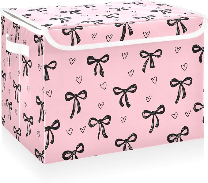 Bow Love Storage Bins with Lids Closet Bedroom 40L Fabric Bin | Decorative Storage Boxes, Foldable & Stackable, Dust-Proof Flip Top, Reinforced Handles, For Home & Dorm, Clothes & Toy Box