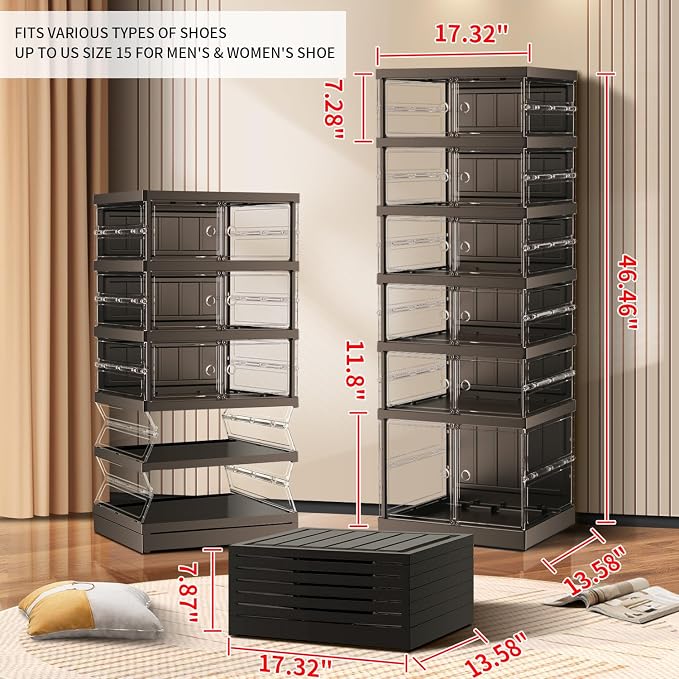CIMLORD 6-Tier Foldable Shoe Rack, Magnetic Clear Doors, 12 Pairs, Black | Collapsible Narrow Plastic Shoe Cabinet, Stackable, Lidded, Tool-Free Assembly, Fits Boots & Sneakers, Closet & Entryway