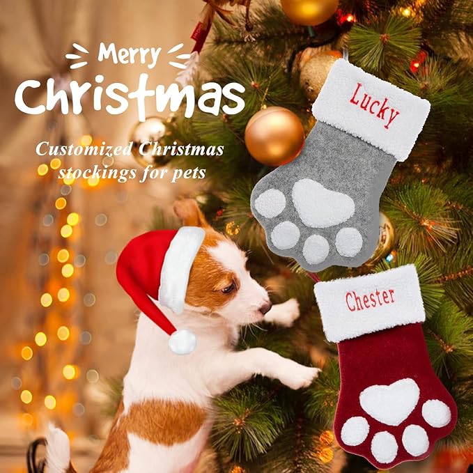 Personalized Christmas Stockings for Dogs Cats, Custom Pet Christmas Stockings with Embroidered Name, Pet Paw or Large Bone Xmas Stockings for Holiday Decoration (3 Pcs)