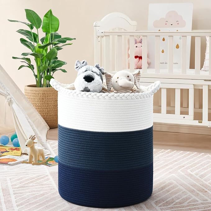 Laundry Hamper for Organizing, 52L Large Laundry Baskets, Cotton Rope Woven Blanket Basket, Collapsible Laundry Hamper for Living Room, Nursery, 15"×18", Dark Blue