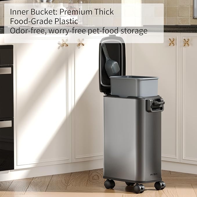 MRBIN Pet Food Bin 20 LB / 15 LB, Dog Food Storage Bin 20L with Scoop Airtight Pet Food Container Stainless Steel Large Containers with Wheels, Eclipse Grey