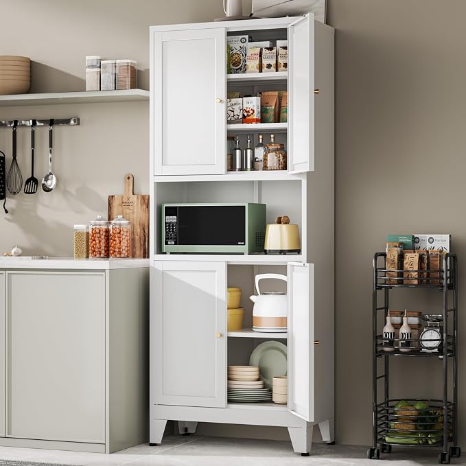 YAUWOH 69" Tall Metal Kitchen Pantry Cabinet with Microwave Shelf, 4 Doors & 3 Adjustable Shelves, Heavy Duty Food Storage Cabinet with Anti-Tip Design for Kitchen,Dining Room (1PC,White)