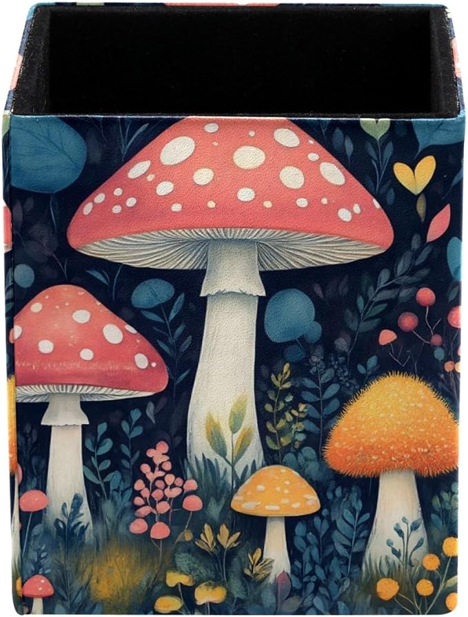 Mushroom Pen Holder for Desk Decor, Rectangular PVC Leather Pencil Cup for Desk Pen Organizer, Makeup Brush Holder for School, Home, Office