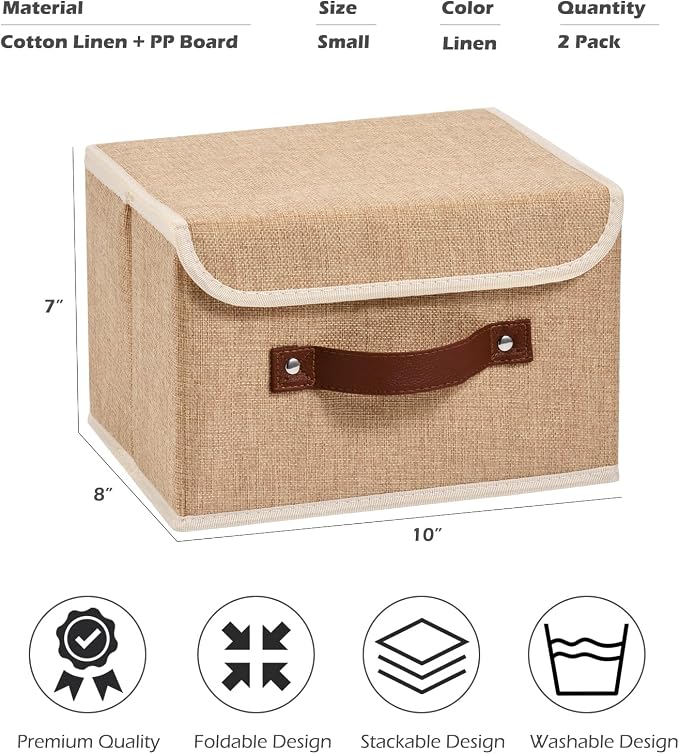 2PCS Storage Boxes with Lids Cotton Linen Fabric Bins Baskets | Decorative Collapsible Washable, Clothes Container Organizer for Closet Shelf, w/ Faux Leather Handles, Linen Color, Small