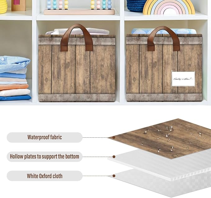 Rust Light Brown Wood Grain Storage Basket Foldable Cube Storage Bins with Handles&Label Collapsible Organizer Box Bin Large Rectangle Decorative Baskets for Shelves Home Living Room Closet