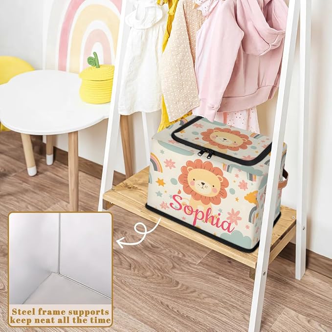 Custom Cute Lion Storage-Bin With Zipper Lid for Kids-Girls-Boys-Baby-Pet,Personalized Name Foldable Storage Box with Handle,Baby Basket With Label for Bedroom Nursery Toy Clothes,Beige