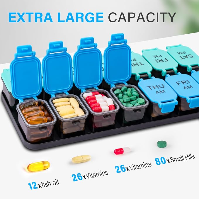 Yaklim Extra Large Weekly Pill Organizer, Detachable 7 Day AM PM Pill Box | XXL 14 Detachable AM PM Compartments；For Big Vitamins & Supplements； Easy to Open & Fill； Waterproof Seals； Easy Readability