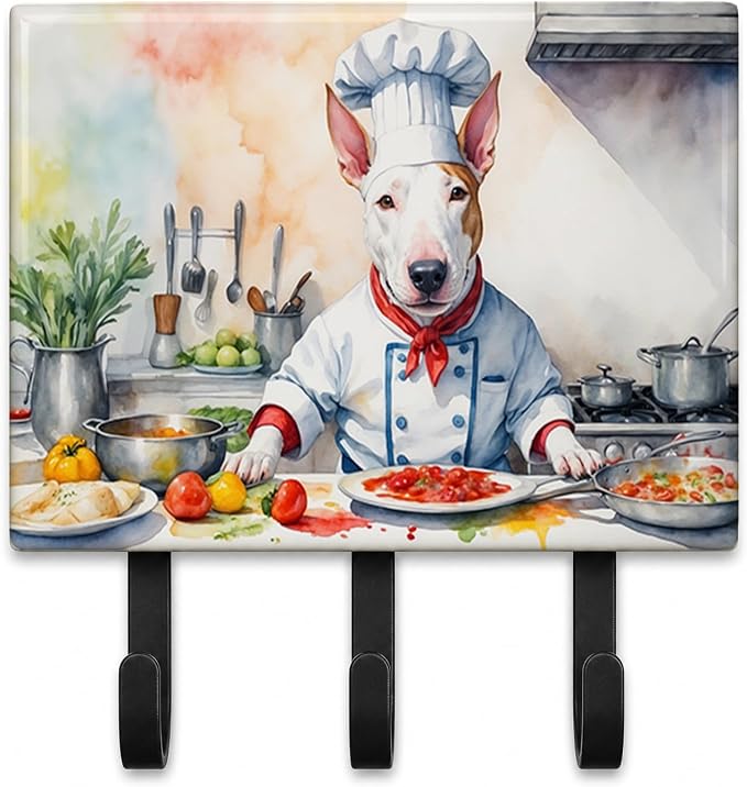 Caroline's Treasures Bull Terrier The Chef Leash or Key Holder Wall Hooks, Key Hooks Holder, Coat Rack Wall Mount, Coat Hooks, Hooks for Hanging Keys, Towels, Aprons, Leashes | Bull Terrier The Chef artwork on ceramic tile with three steel hooks for ke...