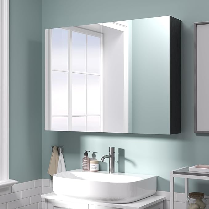 24x32 inch Bathroom Wall Cabinet, Saver Storage Cabinet, Medicine Cabinet with 2 Door and Adjustable Shelves, Black（Assembly Required）