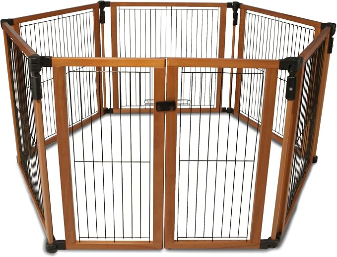 Cardinal Gates Indoor Pet Gate and Puppy Playpen, 6 Panels | Configurable indoor pet containment system with five fixed panels and one two-part latched panel.