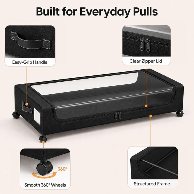 Camkey® Under Bed Storage with Wheels, 2-Pack 60L Bins, Low Profile, Black | Two 60L Rolling Underbed Storage Bins with 360° Wheels, Clear Zippered Lids, Pull Handles, Label Pockets and Black Fabric