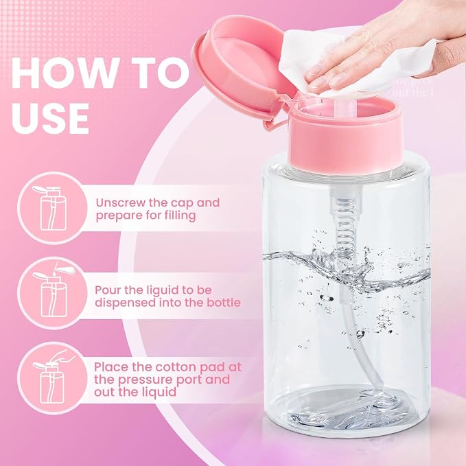 Nail Polish Remover Pump Dispenser, 2 Pack Acetone Safe ABS Bottle with Lockable Flip Cap - 200ml (6.8oz) Empty Push Down Container for Alcohol, Toner & Makeup Remover (Clear Pink, 200ml, 2 Pack)