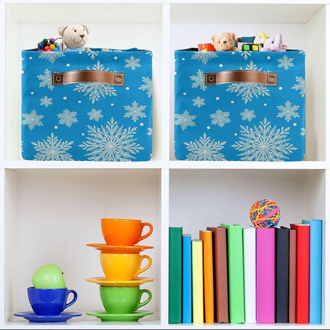 Snowflakes Christmas Blue Print Rectangular Storage Bin Basket with Handles - Organizer Bin for Books Laundry Basket for Pets Playroom Clothes
