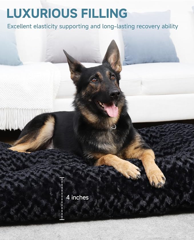 KSIIA Washable Dog Beds Large Sized Dog Crate Bed Plush Mat 47"x29" Black | Deluxe Plush Comfy Kennel Pad, Anti-Slip Bottom,Deep Sleeping Mat for Large Dogs,Machine Washable for Easy Cleaning
