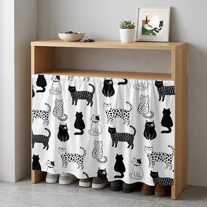 Cat Animal Cabinet Curtain 35"Wx35"L,Dustproof Under Sink Skirt with Self Adhesive Tape,Black White Earthy Tone Pet Modern Minimalist Cabinet Curtain Cover for Kitchen Sink,Bathroom Vanity,Laundry