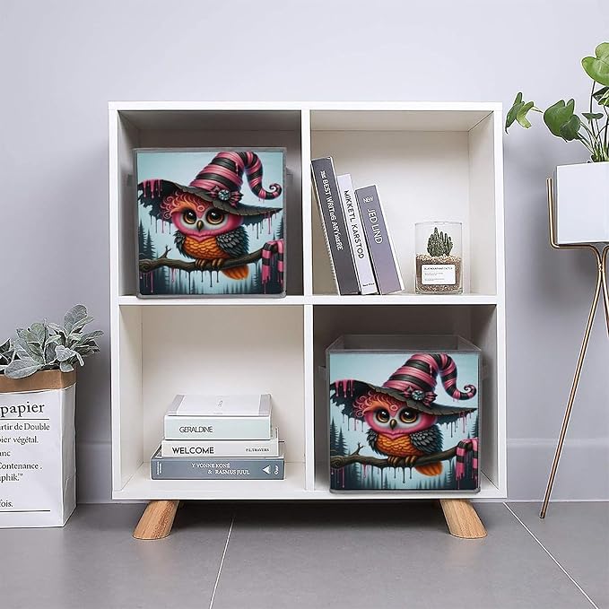 Magical Wizard Owl Foldable Storage Bins, 10.6" Cube Storage Organizer, Sturdy Oxford Cloth Fabric Baskets for Closet, Shelf, Nursery, Bedroom, Decorative Printed Box for Toys & Clothes