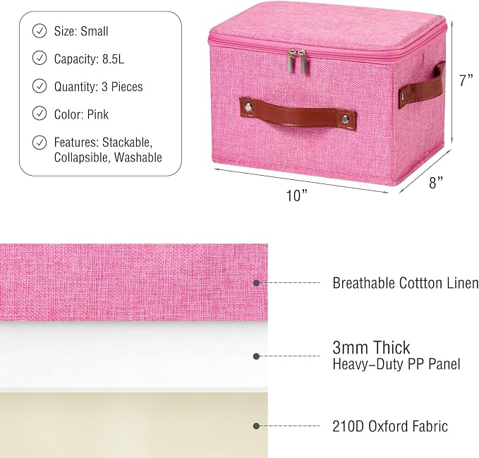 3PCS Storage Bins Boxes with Zippered Lid Decorative Baskets | Cotton Linen Fabric, Washable Foldable Stackable Clothes Container, Closet Shelf Organizer w/ PU Leather Handles, Pink-Small