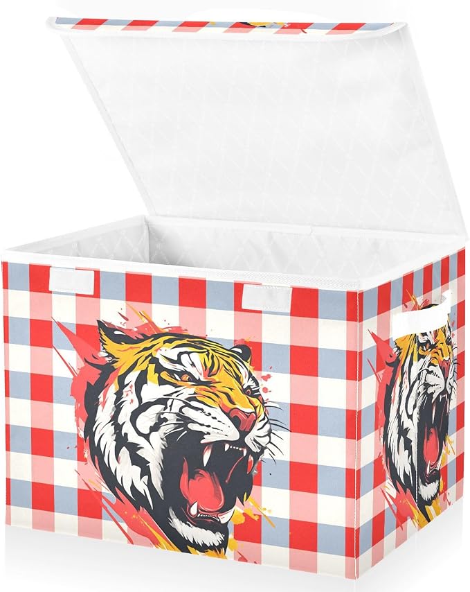 Fabric Storage Bins with Lid Tiger Foldable Storage Boxes 40L Baskets | Foldable & Stackable, Flip Top Dust Guard, Reinforced Handles, Home & Bedroom, Clothes & Toys, Animal Print Basket