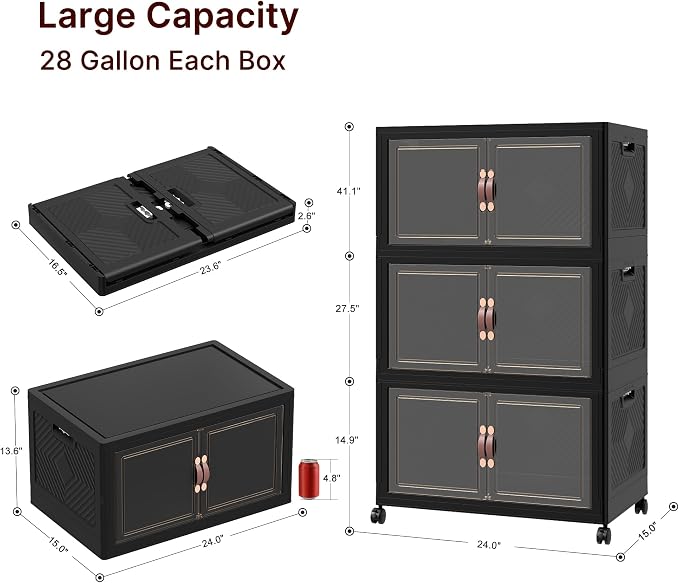 Stackable Storage Bins with Lids, 330QT Lockable Storage Cabinet | Closet Organizers, Foldable Storage Box with Doors and Wheels, Plastic Drawers for Home, Garage, Office (3, Black, Plus)