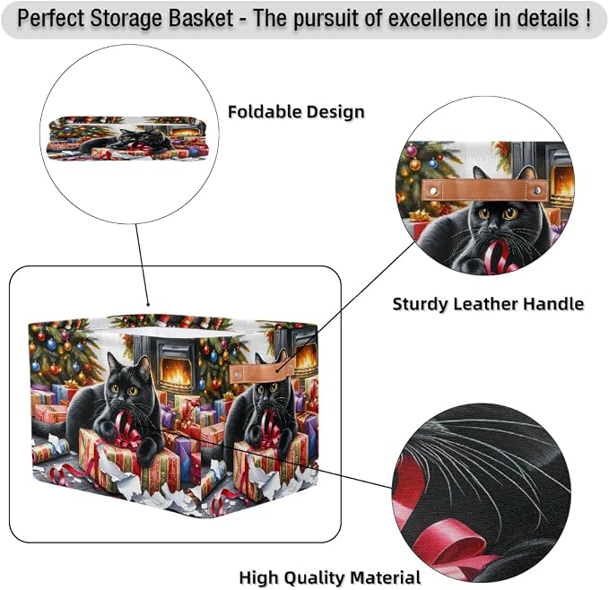 Pardick Christmasxmas Cat Basket Storage Bins Large Fabric Toys Storage Cube Box with Handles Collapsible Closet Shelf Cloth Organizer Basket for Nursery Bedroom Bathroom Holiday Gift
