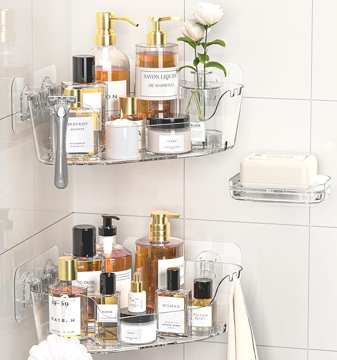 Corner Shower Caddy 3 Pack Clear Acrylic Bathroom Organizer Caddy | Large Capacity, Corner Shower Shelves with Soap Holder and Hooks, Waterproof and Rustproof, Multiple Drainage Holes
