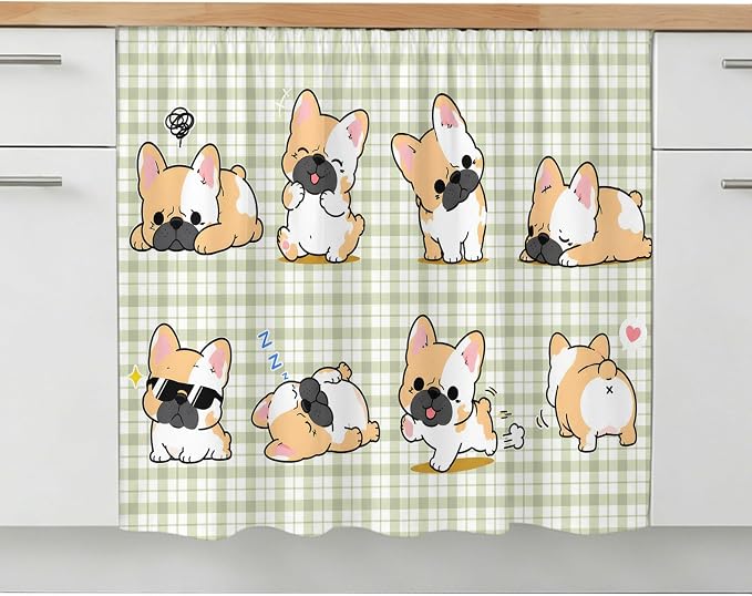 Cute Puppy Oven Skirt Curtain for Kitchen Decor 28"x35", Sage Green Plaid Modern Funny Dogs Pet Self Adhesive Stove Curtains Skirt Cabinet Curtains for Bathroom Laundry Room