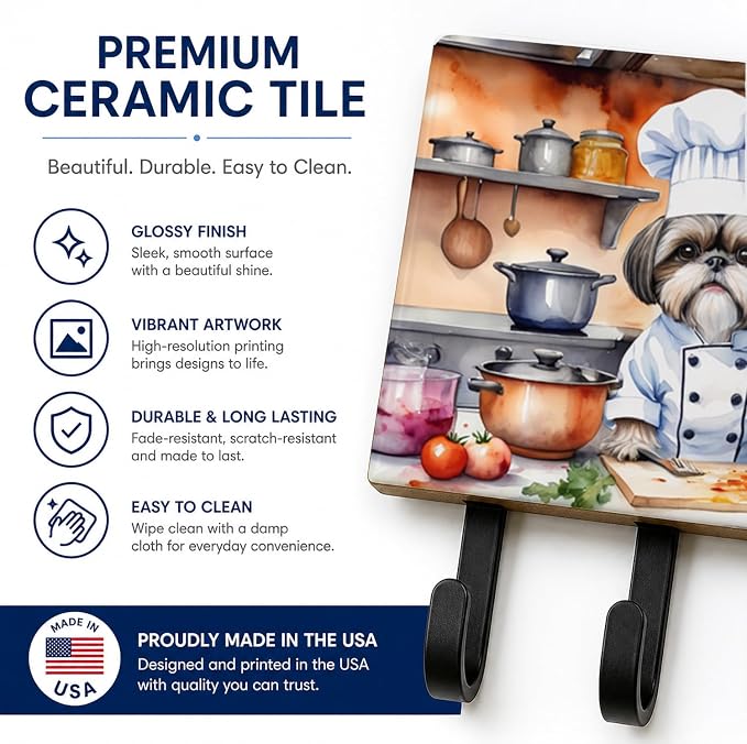 Caroline's Treasures Shih Tzu The Chef Leash or Key Holder Wall Hooks, Key Hooks Holder, Coat Rack Wall Mount, Coat Hooks, Hooks for Hanging Keys, Towels, Aprons, Leashes | Shih Tzu The Chef artwork on ceramic tile with three steel hooks for keys, leas...