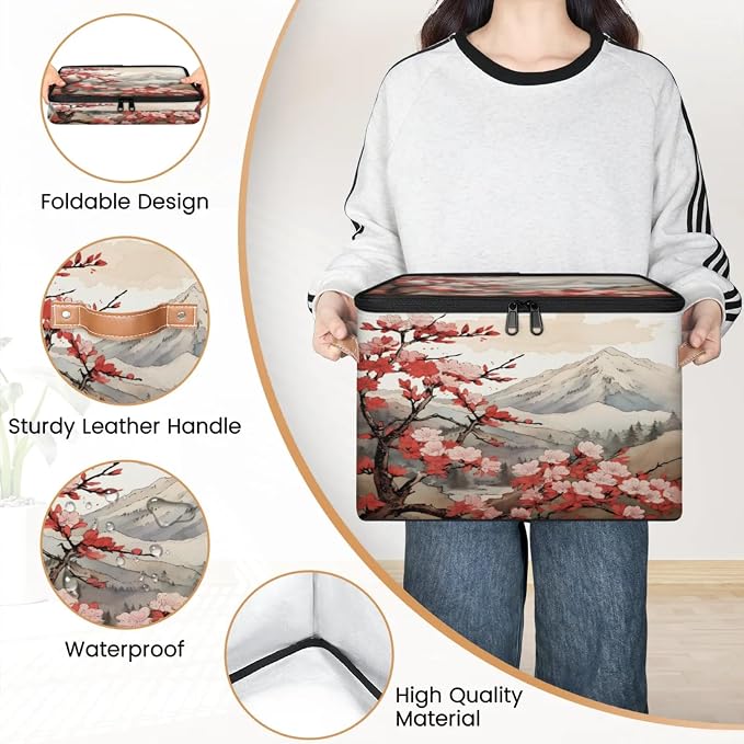 Storage Bins Japanese Cherry Blossoms Storage Basket with Zipper Lid & Handle Foldable Storage Box Storage Cube Bin Clothes Organizer for Closet, Bedroom