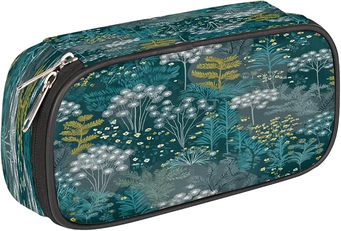 Pencil Case Pouch, Teal Green Plant Pattern Large Pen Bag with Zipper, Portable Zipper Pencil Pouch Organizer for Student Teen Girls Boys