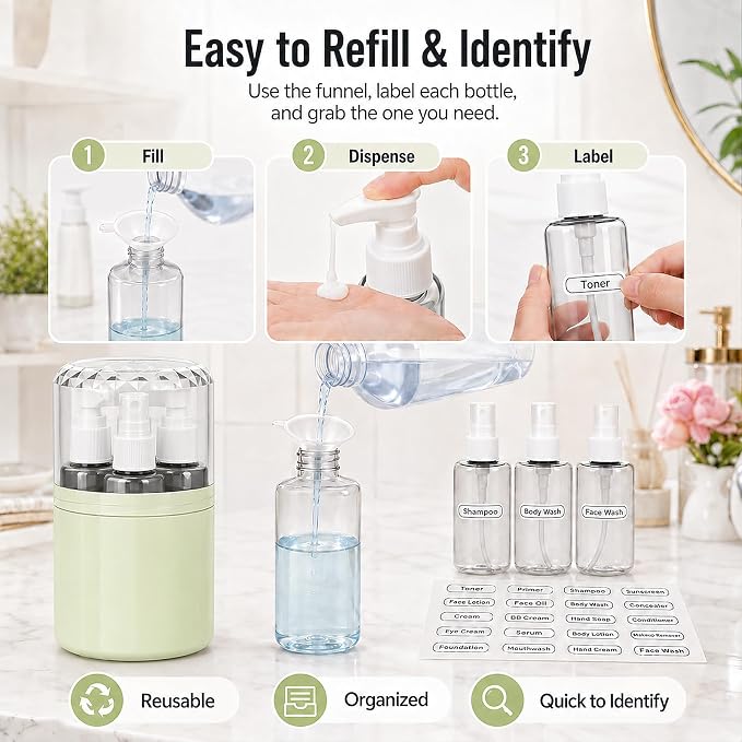 4-in-1 Travel Dispenser with 4 x 50 mL Bottles, Green | 4 refillable 50 mL bottles, pump and spray tops, included label stickers, compact design for toiletries, travel, gym