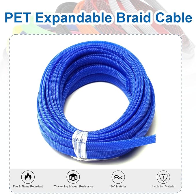 Heyiarbeit 10m/32.8ft PET Expandable Braid Cable Sleeving Flexible Wire Mesh Sleeve Blue 6mm