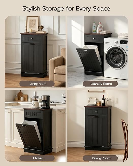 Betterhood Single Tilt Out Trash Cabinet with Power Outlet, Wooden Hidden Garbage Can Holder with a Big Storage Drawers for Kitchen, Living Room, Laundry, Black