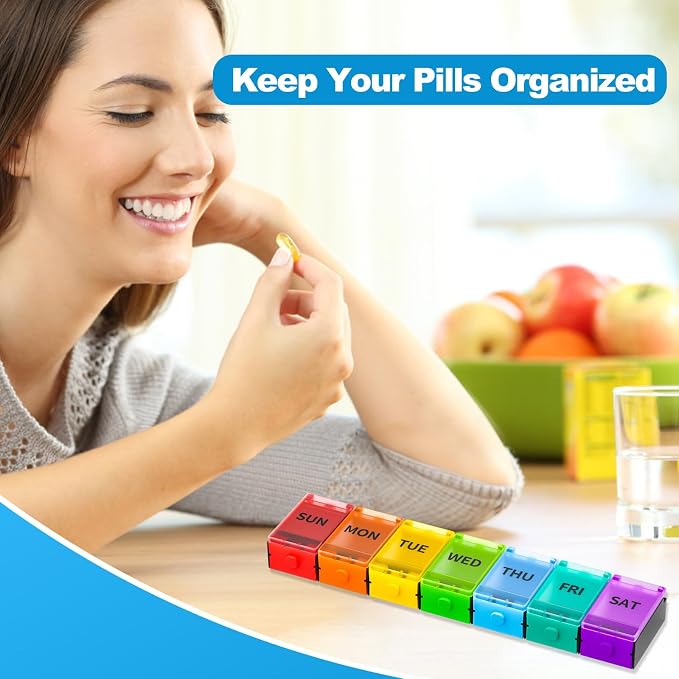 Push Button Weekly Pill Organizer, Medicine Pill Organizer, Pill Box Case 7 Day, Pill Container for Vitamins, Fish Oil, Supplements Medication (Colorful)