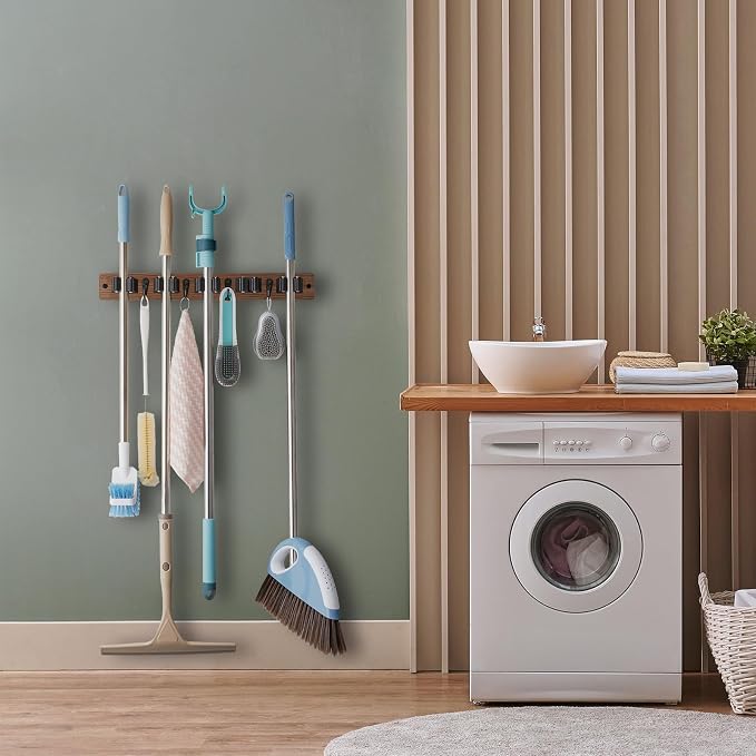 OUTNILI Mop and Broom Holder Wall Mount - Wood Broom Mop Hanger - Wall Mounted Garden Tool Rack Organizer for Closet Garage Laundry Room for Rustic Kitchen Decor With 5 Slots & 4 Hooks