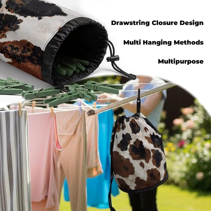 Drawstring Clothespin Bag, Brown Leopard Print Laundry Clip Organizer Pouch with Metal Grommet Hanging Loop, Portable Storage for Washing Pegs, Camping, Dorm, RV
