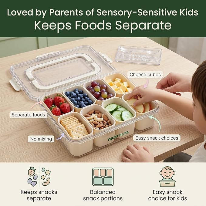 Snackle Box Container 2 Pack | Snack Box Container with Lid, BPA-Free 8-Compartment Divided Serving Tray & Snack Tray with Built-In Utensil Tray | Snack Tackle Box Organizer for Adults & Kids