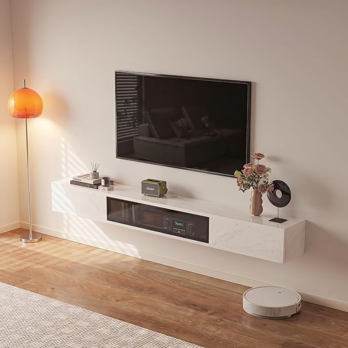 FurniNova 47 inch Floating TV Stand, Modern PET High Gloss Wall Mounted Media Console with Glass Door, Plywood Entertainment Center for 50 inch TV,White