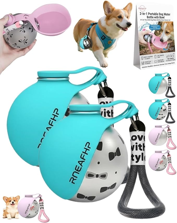Dog Water Bottle with Bowl 2-in-1 Portable Leak Proof 10 OZ Puppy Travel Drink Dispenser for Large Medium Small Breeds Stainless Steel Hydration Tumbler Buddy Cup for Dogs Pets Outdoor(2Blue B)
