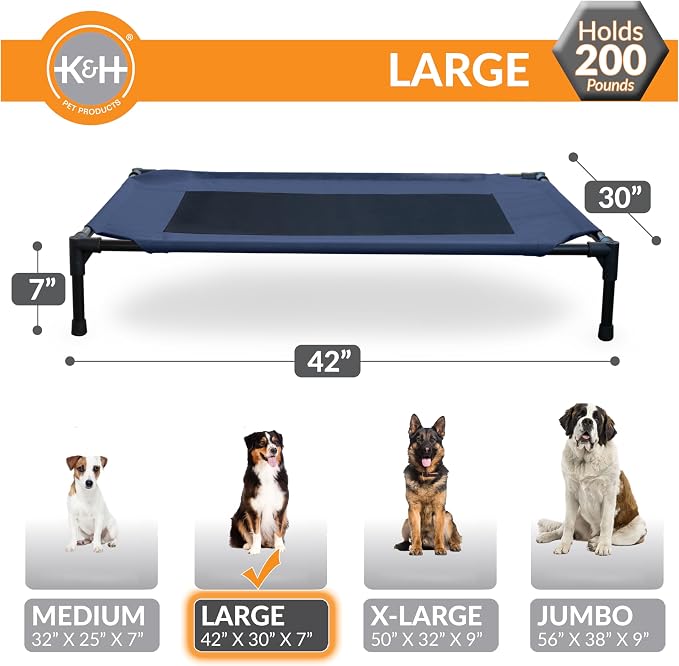 K&H Outdoor Elevated Dog Bed, Cooling Raised Dog Bed, Blue, Large 42x30in | Pet Cot for Medium & Large Pets, Breathable Mesh Center Hammock Design, Indoor/Outdoor Washable Cover, 42x30in