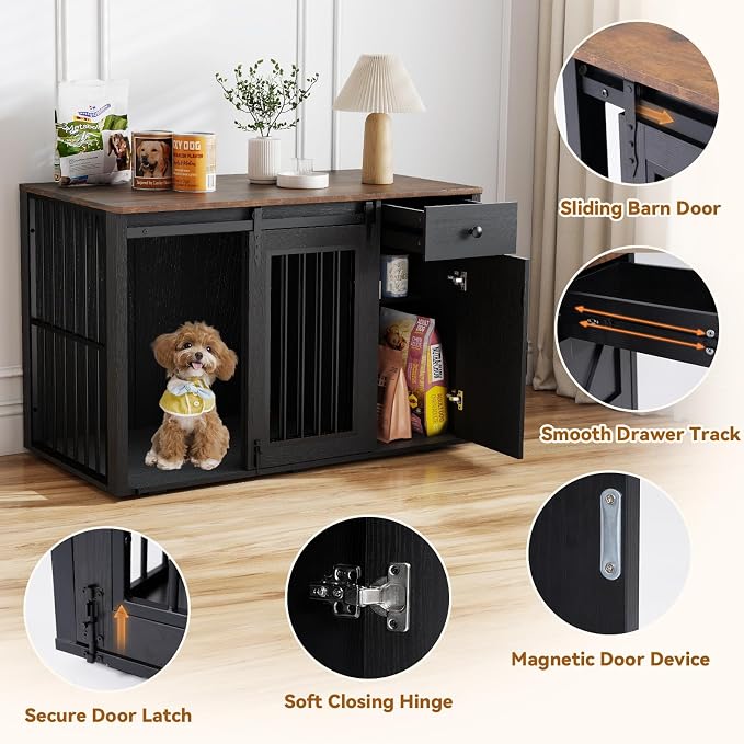 Verano Garden 44" Dog Crate Furniture, Dog Kennel (44" Right Facing Door) | 2-in-1, Lockable, Sliding Door, Removable Divider, Adjustable Shelf, Farmhouse, Heavy Duty, Small Medium Dogs, Black