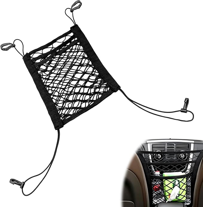 3-Layer Car Mesh Organizer, Stretchable Elastic Pet Dog Kid Car Net Barrier, Universal Seat Back Storage Net Bag Pouch, Tissue Purse Cargo Holder Between Front Seats for Cars SUVs Vans