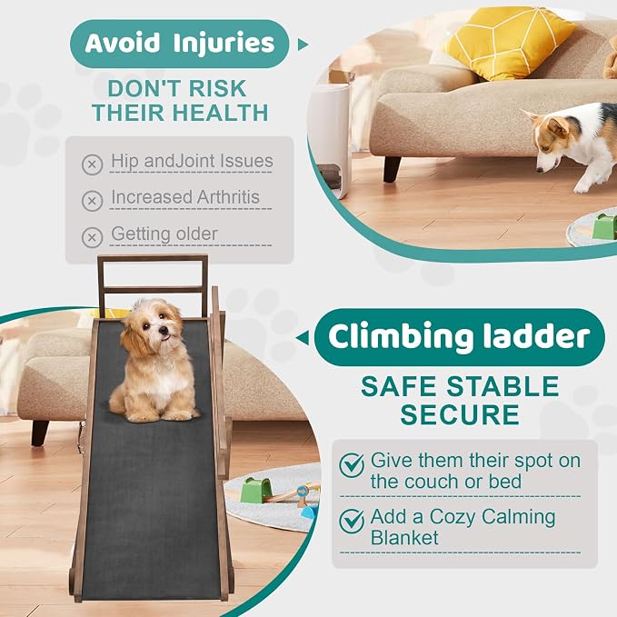 Dog Ramp for Bed & Couch, Foldable Wooden Pet Ramp, 5 Adjustable Heights | Height up to 27.5", Portable Dog Ramp with Non-Slip Rubber Surface & Safety Railings, Pet Ramp for Small, Large, Senior Dogs