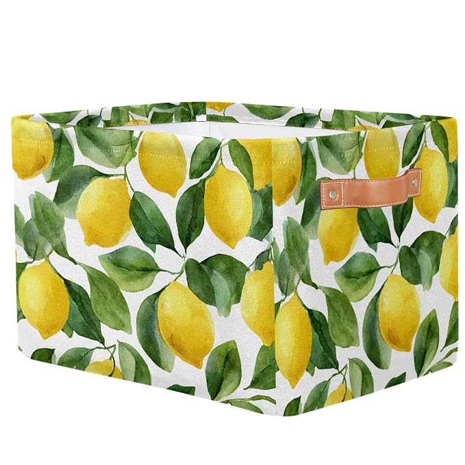 SEULIFE Watercolor Lemon Tree Leaves Foldable Storage Basket, Large Collapsible Organizer Storage Bin Cube Toys Storage Boxes with Handles for Bathroom Kids Nursery Closet Storage, 1 Pack